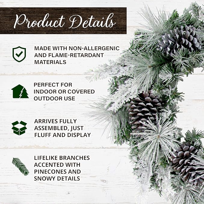 Fraser Hill Farm 24" Christmas Snow Flocked Wreath Door Hanging with Oversized Pinecones, Festive Christmas Holiday Decorations
