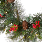 National Tree Company 24 in Pre-Lit Wintry Pine Flocked Artificial Christmas Wreath, Christmas Decoration with Pinecones, Red Berries, 50 Clear LED Lights, 113 Tips, Timer, Green