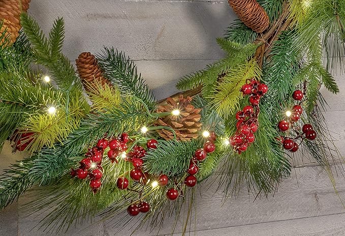 Red Co. 30” Light-Up Christmas Wreath with Pinecones & Evergreens, Battery-Operated LED Lights with Timer